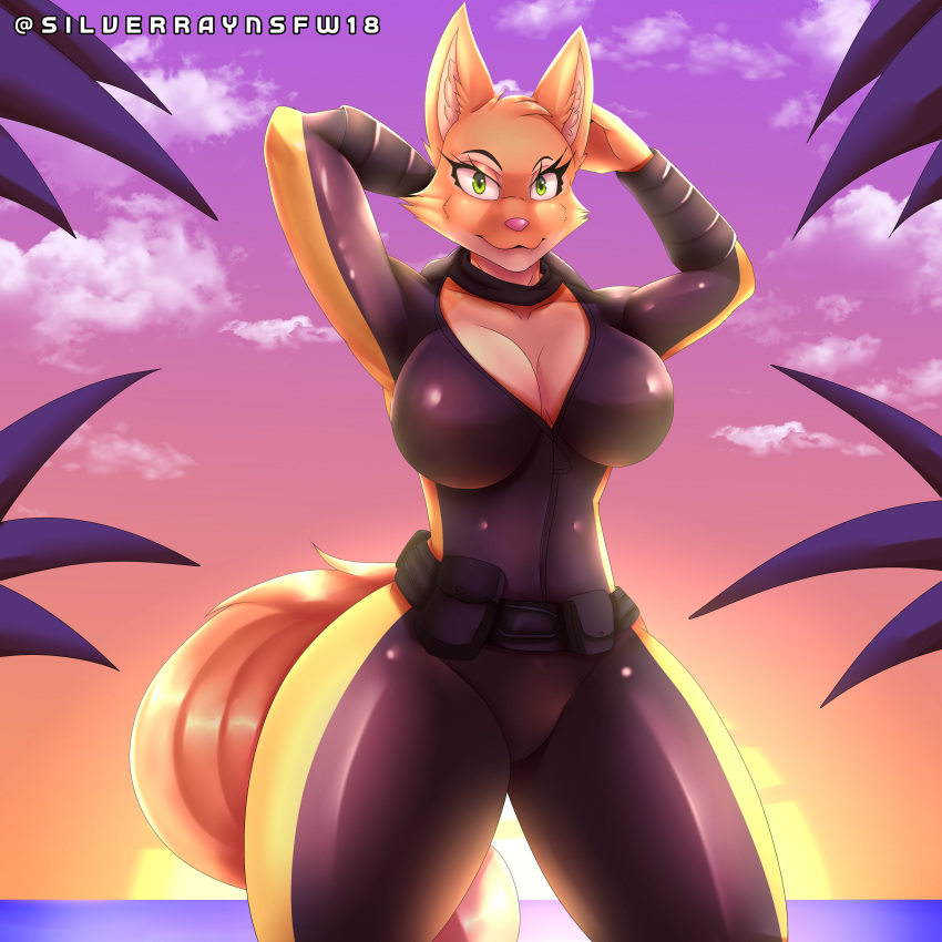 absurd_res anthro beach big_breasts breasts canid canine clothed clothing diane_foxington dreamworks female fox green_eyes hi_res legwear mammal pink_nose seaside silverray17 solo synthwave tail the_bad_guys thigh_highs