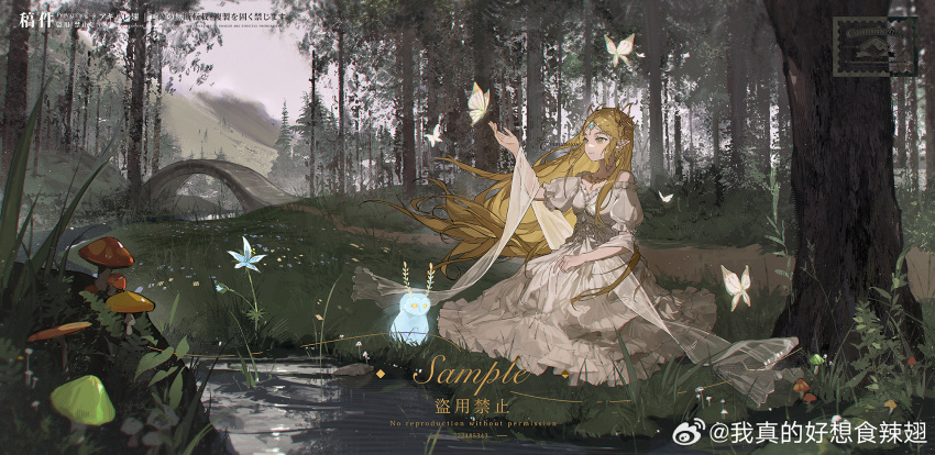 1girl akihare bare_shoulders blonde_hair bug butterfly chinese_commentary circlet closed_mouth cloud cloudy_sky commentary_request dress forest frilled_dress frills full_body gold_necklace grass green_eyes hand_on_lap highres jewelry kneeling long_dress long_hair mushroom nature necklace off-shoulder_dress off_shoulder outdoors outstretched_arm path pointy_ears princess_zelda puffy_short_sleeves puffy_sleeves ribbon-trimmed_dress sample_watermark shawl short_sleeves sky smile solo stream the_legend_of_zelda the_legend_of_zelda:_breath_of_the_wild very_long_hair watermark weibo_logo weibo_username white_butterfly white_dress white_shawl white_sleeves