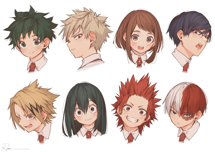 2girls 6+boys :d asui_tsuyu bakugou_katsuki bangs blonde_hair blue_eyes blue_hair boku_no_hero_academia brown_eyes brown_hair burn_scar collared_shirt facial_scar freckles glasses green_eyes green_hair heterochromia highres iida_tenya kaminari_denki kirishima_eijirou long_hair looking_at_viewer looking_back looking_to_the_side midoriya_izuku multicolored_hair multiple_boys multiple_girls open_mouth rectangular_eyewear red_eyes red_hair ryota_(ry_o_ta) scar sharp_teeth shirt sidelocks smile spiked_hair streaked_hair teeth todoroki_shouto two-tone_hair upper_body uraraka_ochako white_background white_shirt yellow_eyes