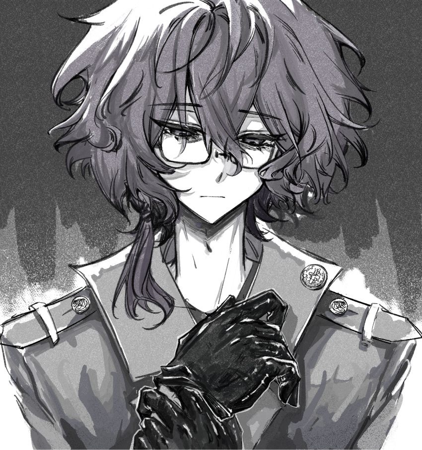 1boy bespectacled chinese_commentary closed_mouth commentary_request glasses gloves greyscale hair_between_eyes hand_on_own_wrist hands_up highres jacket male_focus medium_hair monochrome portrait rectangular_eyewear saibou_shinkyoku semi-rimless_eyewear shirt short_hair solo utsugi_noriyuki xinjinjumin6726769