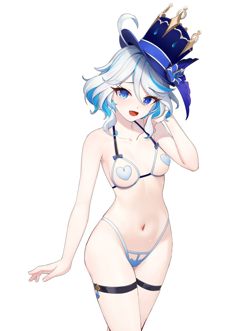 1girl :d absurdres bikini blue_eyes blue_hair collarbone commentary_request cupless_bikini drop-shaped_pupils furina_(genshin_impact) genshin_impact hair_between_eyes hat heart_pasties heterochromia highleg highleg_bikini highres light_blue_hair liwen520 looking_at_viewer multicolored_hair multiple_thigh_straps navel pasties short_hair smile solo swimsuit top_hat white_background white_bikini white_hair