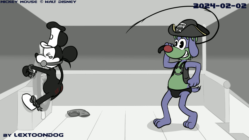 16:9 2024 animated anthro bound butt_slap canid canine canis disney domestic_dog duo hi_res lextoondog lextoondog_(character) male male/male mammal mickey_mouse mouse murid murine pirate punishment rodent short_playtime slap spanking steamboat_willie toony whip whipping widescreen