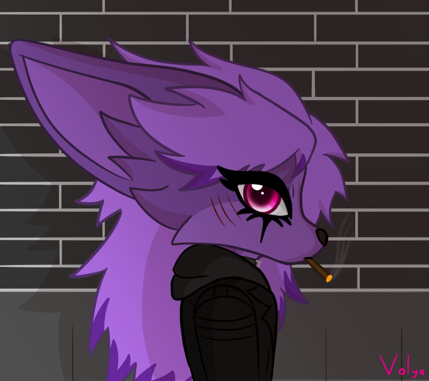 anthro canid canine cigar fennec fox fur girly hi_res male mammal purple_body purple_fur smoking solo volya_(volya~) volya~ wall_(structure)