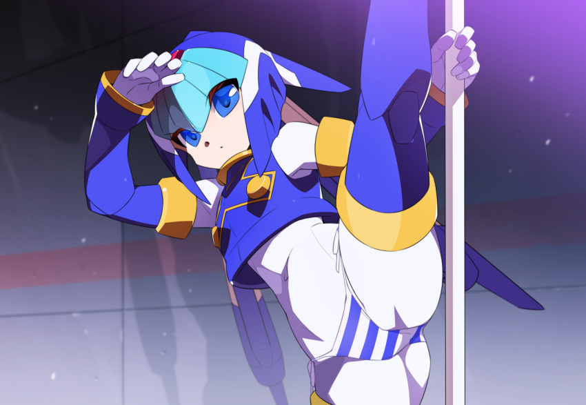 1girl bikini bikini_bottom_only blue_bikini blue_eyes bodysuit covered_navel crop_top fairy_leviathan_(mega_man) helmet kaidou_zx mega_man_(series) mega_man_zero_(series) pole pole_dancing side-tie_bikini_bottom solo split standing standing_on_one_leg standing_split striped_bikini striped_clothes stripper_pole swimsuit white_bikini white_bodysuit