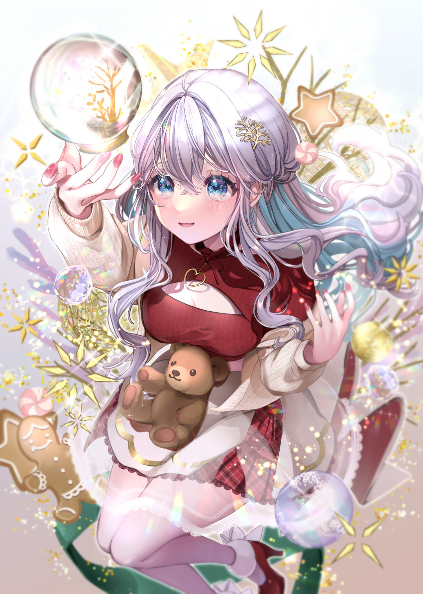 1girl blue_eyes blue_hair breasts dress full_body gingerbread_man grey_hair hair_between_eyes high_heels highres large_breasts long_hair multicolored_hair original puracotte red_dress red_footwear solo stuffed_animal stuffed_toy teddy_bear two-tone_hair wavy_hair