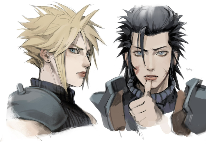 2boys armor black_hair blonde_hair blue_eyes blue_shirt closed_mouth cloud_strife earrings final_fantasy final_fantasy_vii furrowed_brow hair_between_eyes hair_slicked_back highres jewelry kpekepya lipstick_mark looking_at_viewer male_focus multiple_boys scar scar_on_cheek scar_on_face shirt shoulder_armor sideburns single_earring sleeveless sleeveless_turtleneck spiked_hair suspenders thumb_to_mouth turtleneck upper_body white_background zack_fair