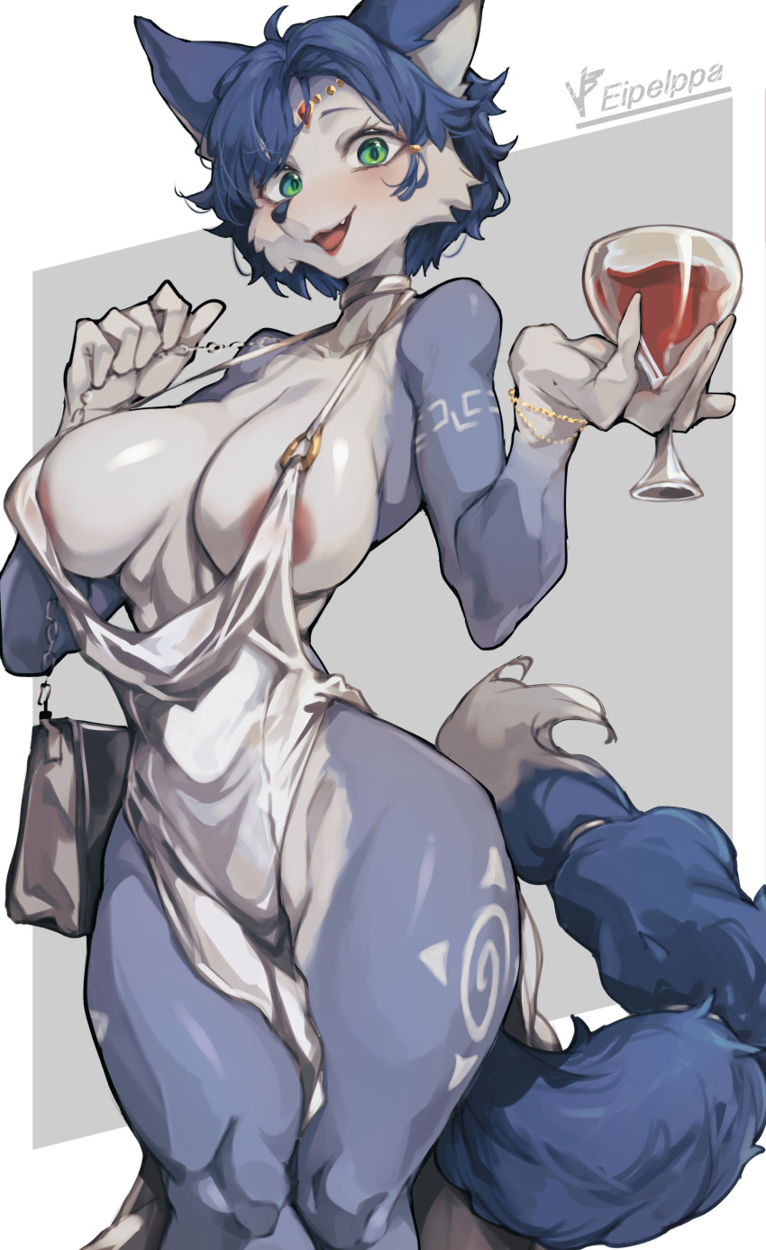 1girl absurdres animal_ears animal_nose areola_slip artist_name bag black_bag blue_hair breasts cup drinking_glass furry furry_female green_eyes highres holding holding_bag holding_cup iparupua krystal large_breasts looking_at_viewer open_mouth short_hair smile snout solo standing star_fox tail thighs