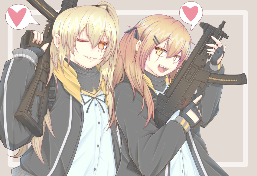 2girls :d bangs black_gloves black_jacket black_ribbon blonde_hair commentary_request cube85 eyebrows_visible_through_hair fang fingerless_gloves girls_frontline gloves grey_background grin gun hair_between_eyes hair_ornament hair_ribbon hairclip hand_up heart highres holding holding_gun holding_weapon jacket long_hair long_sleeves looking_at_viewer multiple_girls one_eye_closed one_side_up open_clothes open_jacket open_mouth outside_border ribbon rifle scar scar_across_eye shirt sidelocks simple_background smile spoken_heart submachine_gun trigger_discipline ump45_(girls_frontline) ump9_(girls_frontline) upper_body weapon white_shirt yellow_eyes