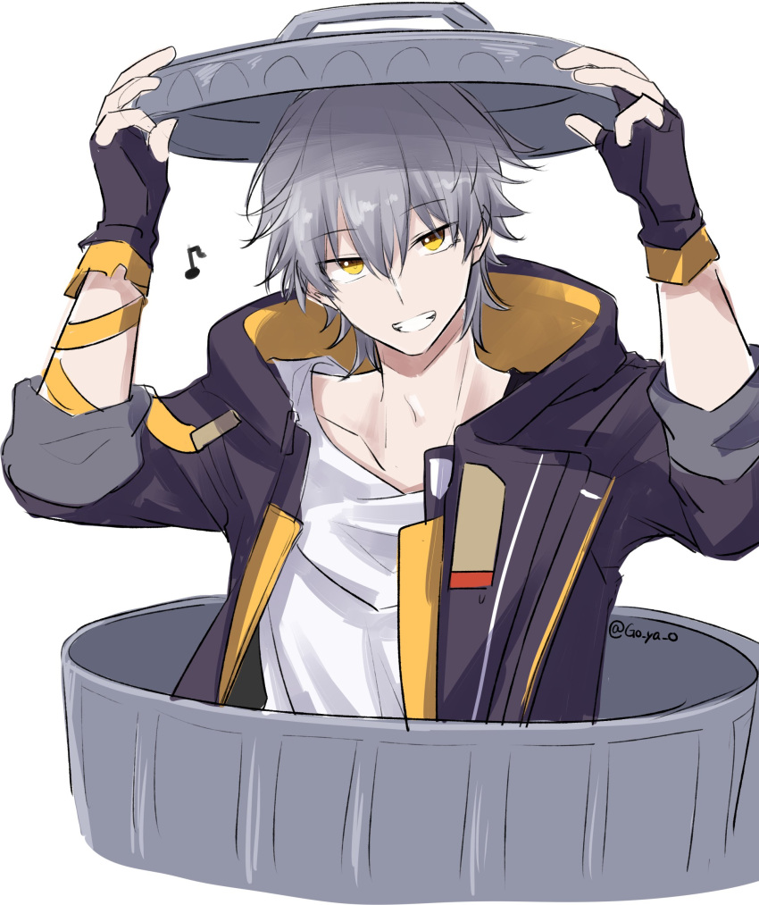 1boy absurdres black_gloves black_jacket caelus_(honkai:_star_rail) fingerless_gloves gloves go_ya_o grey_hair hair_between_eyes highres holding honkai:_star_rail honkai_(series) in_trash_can jacket looking_at_viewer male_focus musical_note shirt simple_background solo trailblazer_(honkai:_star_rail) trash_can twitter_username white_background white_shirt yellow_eyes