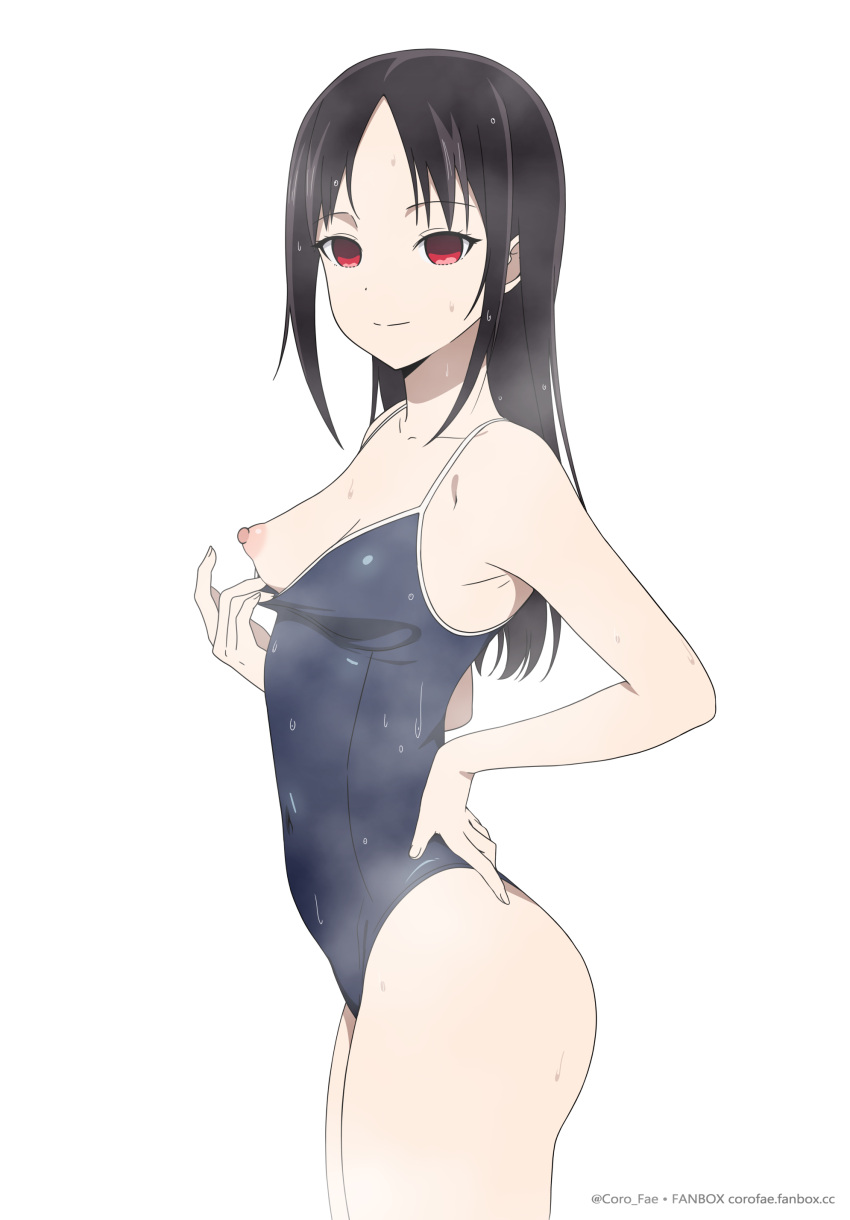 1girl absurdres black_hair blue_one-piece_swimsuit breasts closed_mouth clothes_pull competition_school_swimsuit coro_fae covered_navel cowboy_shot dot_nose fanbox_username from_side hand_on_own_hip highleg highleg_swimsuit highres kaguya-sama_wa_kokurasetai_~tensai-tachi_no_renai_zunousen~ long_hair looking_at_viewer nipples one-piece_swimsuit one-piece_swimsuit_pull one_breast_out paid_reward_available parted_bangs pulled_by_self red_eyes school_swimsuit shinomiya_kaguya sidelocks simple_background small_breasts smile solo split_mouth standing steam swimsuit twitter_username web_address wet wet_clothes wet_swimsuit white_background