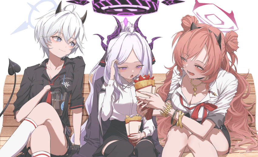 3girls black_halo black_shirt black_thighhighs blue_archive blue_eyes blue_halo bracelet breasts cleavage collared_shirt crepe crossed_legs demon_tail erika_(blue_archive) food halo highres hina_(blue_archive) holding holding_food jewelry kirara_(blue_archive) large_breasts long_hair looking_at_another multiple_girls necklace open_mouth purple_eyes red_eyes red_hair red_halo shirt short_hair sitting smile socks tail thighhighs white_hair white_shirt white_socks yo_na