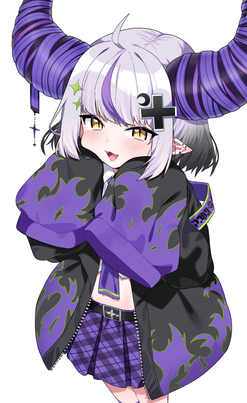 1girl :d absurdres ahoge belt belt_buckle black_belt black_jacket blush brown_eyes buckle collared_shirt commentary_request crescent crescent_hair_ornament crop_top demon_horns fangs grey_hair hair_ornament hands_up highres hololive horns jacket la+_darknesss la+_darknesss_(3rd_costume) long_sleeves looking_at_viewer midriff multicolored_hair navel official_alternate_costume open_clothes open_jacket plaid plaid_skirt pleated_skirt pointy_ears puffy_long_sleeves puffy_sleeves purple_hair purple_skirt shirt simple_background skirt sleeves_past_fingers sleeves_past_wrists smile solo streaked_hair tosyeo virtual_youtuber white_background white_shirt