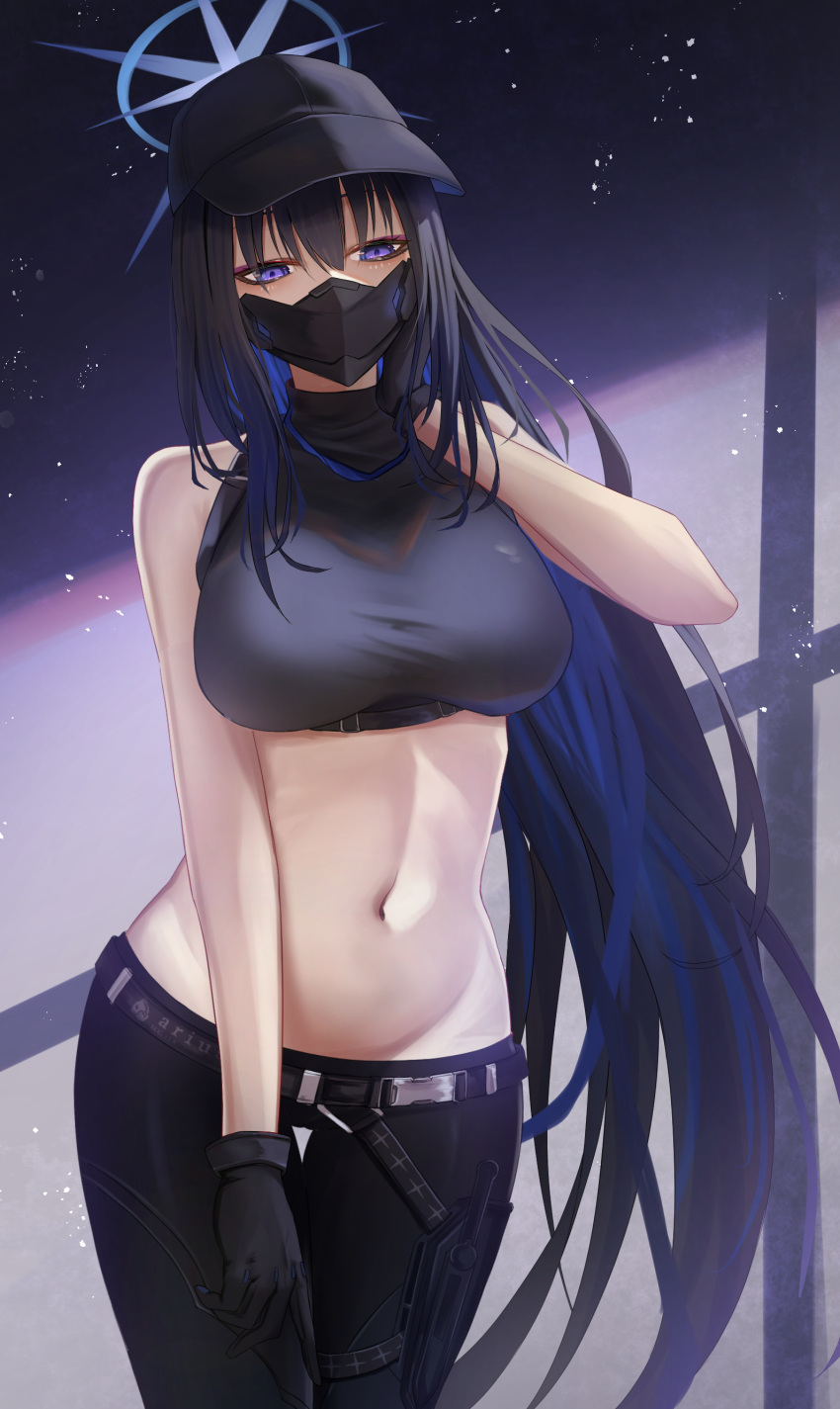 1girl absurdres bare_shoulders baseball_cap belt black_belt black_gloves black_hair black_headwear black_mask black_pants black_shirt blue_archive blue_eyes blue_hair breasts chest_harness commentary covered_mouth cowboy_shot crop_top gloves groin hair_between_eyes halo hand_up harness hat highres knife knife_sheath long_hair mask medium_breasts midriff mouth_mask multicolored_hair navel no_coat pants saori_(blue_archive) sheath sheathed shirt sidelocks sleeveless sleeveless_shirt snap-fit_buckle solo standing takagi_(takag1_k2) thigh_gap two-tone_hair very_long_hair