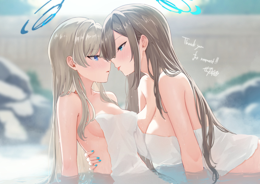 2girls asuna_(blue_archive) blue_archive blue_eyes blue_hair blue_halo blue_nails blush breasts brown_hair commentary_request eye_contact face-to-face halo hand_on_another's_waist imminent_kiss large_breasts long_hair looking_at_another medium_breasts mole mole_on_breast multicolored_hair multiple_girls nail_polish naked_towel onsen parted_lips partially_submerged sese_nagi streaked_hair toki_(blue_archive) tongue tongue_out towel water wet yuri