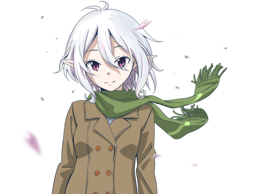 1girl coat falling_petals highres kokkoro_(princess_connect!) long_sleeves looking_at_viewer petals pointy_ears princess_connect! purple_eyes scarf short_hair smile solo takkun_(takkun20) upper_body white_hair wind