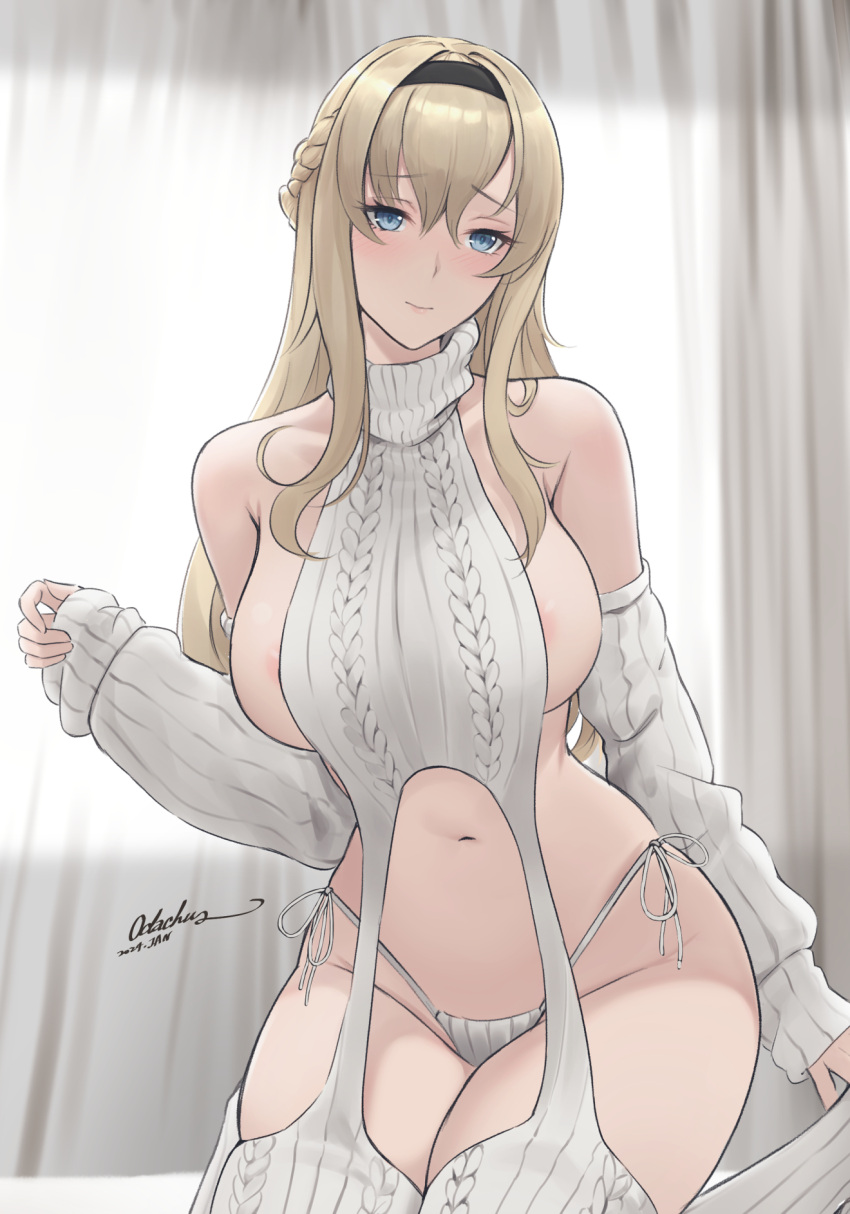 1girl areola_slip bare_shoulders black_hairband blonde_hair blue_eyes blush breasts closed_mouth commentary_request cowboy_shot detached_sleeves groin hair_between_eyes hairband highres kantai_collection large_breasts long_hair looking_at_viewer meme_attire navel odachu signature solo sweater thighhighs virgin_destroyer_sweater warspite_(kancolle) white_sleeves white_sweater white_thighhighs