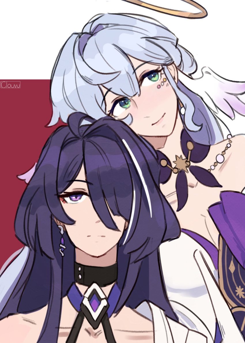 2girls acheron_(honkai:_star_rail) ahoge black_choker blue_hair choker clouvu collar commentary green_eyes hair_intakes hair_over_one_eye halo head_wings highres honkai:_star_rail honkai_(series) long_hair multicolored_hair multiple_girls purple_collar purple_eyes purple_hair robin_(honkai:_star_rail) single_bare_shoulder streaked_hair upper_body white_hair wings