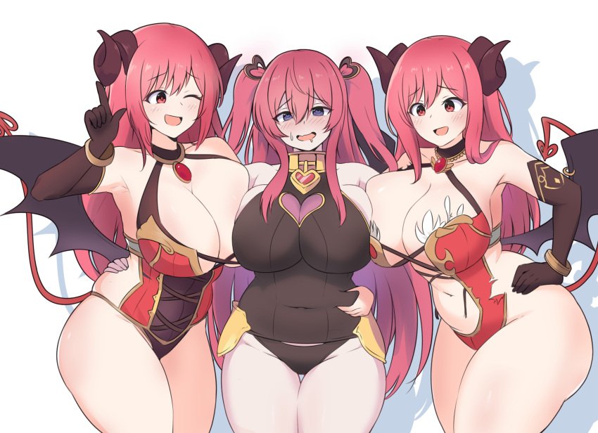 3girls amogan belly_grab blue_eyes blush breasts brown_gloves brown_leotard cleavage collarbone commentary_request commission covered_navel cowboy_shot curled_horns demon_tail demon_wings drooling elbow_gloves gloves hair_between_eyes hair_ornament head_tilt heart heart-shaped_pupils heart_collar heart_hair_ornament highres horns huge_breasts io_(princess_connect!) kuka_(princess_connect!) leaning_forward leotard long_hair looking_at_viewer low_wings mouth_drool multiple_girls navel one_eye_closed open_mouth pink_hair pixiv_commission plump princess_connect! red_eyes shadow simple_background smile sweat symbol-shaped_pupils tail thick_thighs thighs torn_clothes two_side_up white_background wings