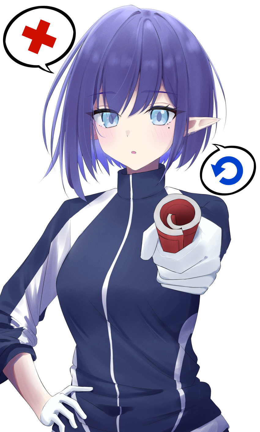 1girl absurdres alternate_costume aoi_(blue_archive) asymmetrical_bangs blue_archive blue_eyes blue_hair blush earrings gloves hand_on_own_hip high_collar highres jacket jewelry looking_at_viewer mikqze mole mole_under_eye parted_lips pointy_ears short_hair sleeves_pushed_up solo track_jacket