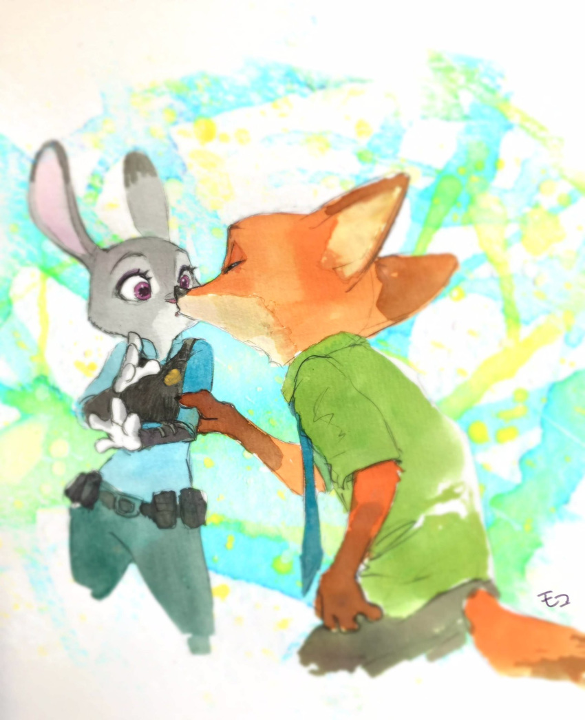 2017 abstract_background anthro anthro_on_anthro canid canine clothed clothing disney duo fox fully_clothed fur grey_body grey_fur hi_res judy_hopps kissing lagomorph leporid mammal monmokamoko nick_wilde orange_body orange_fur rabbit red_fox zootopia