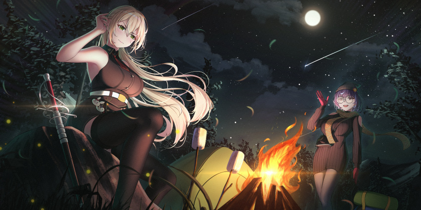 2girls absurdres adjusting_hair beanie belt black_headwear black_shirt black_sweater black_thighhighs blonde_hair blush breasts campfire closed_mouth clothing_cutout english_commentary floating_hair full_moon glasses gloves green_eyes hat highres indira_naylarissa large_breasts long_sleeves looking_at_viewer moon multiple_girls necktie night night_sky open_mouth outdoors project_livium purple_hair red_gloves red_necktie rock round_eyewear shirt shooting_star short_hair short_necktie shoulder_cutout sidelocks silvia_valleria sitting sitting_on_rock sky sleeveless sleeveless_shirt standing sweater sword tent thighhighs tree turtleneck turtleneck_sweater upper_body v-shaped_eyebrows varhan_zuhair virtual_youtuber weapon white_belt
