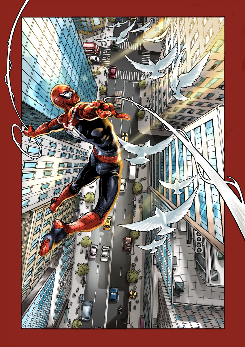 1boy \m/ absurdres airborne belt bird black_bodysuit bodysuit border bus car city flying highres holding male_focus marvel mask motor_vehicle official_art onomae_yuu oosawa_yuusuke outside_border red_belt red_bodysuit red_border red_footwear solo spider-man spider-man:_itsuwari_no_aka spider-man_(series) spider_web_print tree truck two-tone_bodysuit