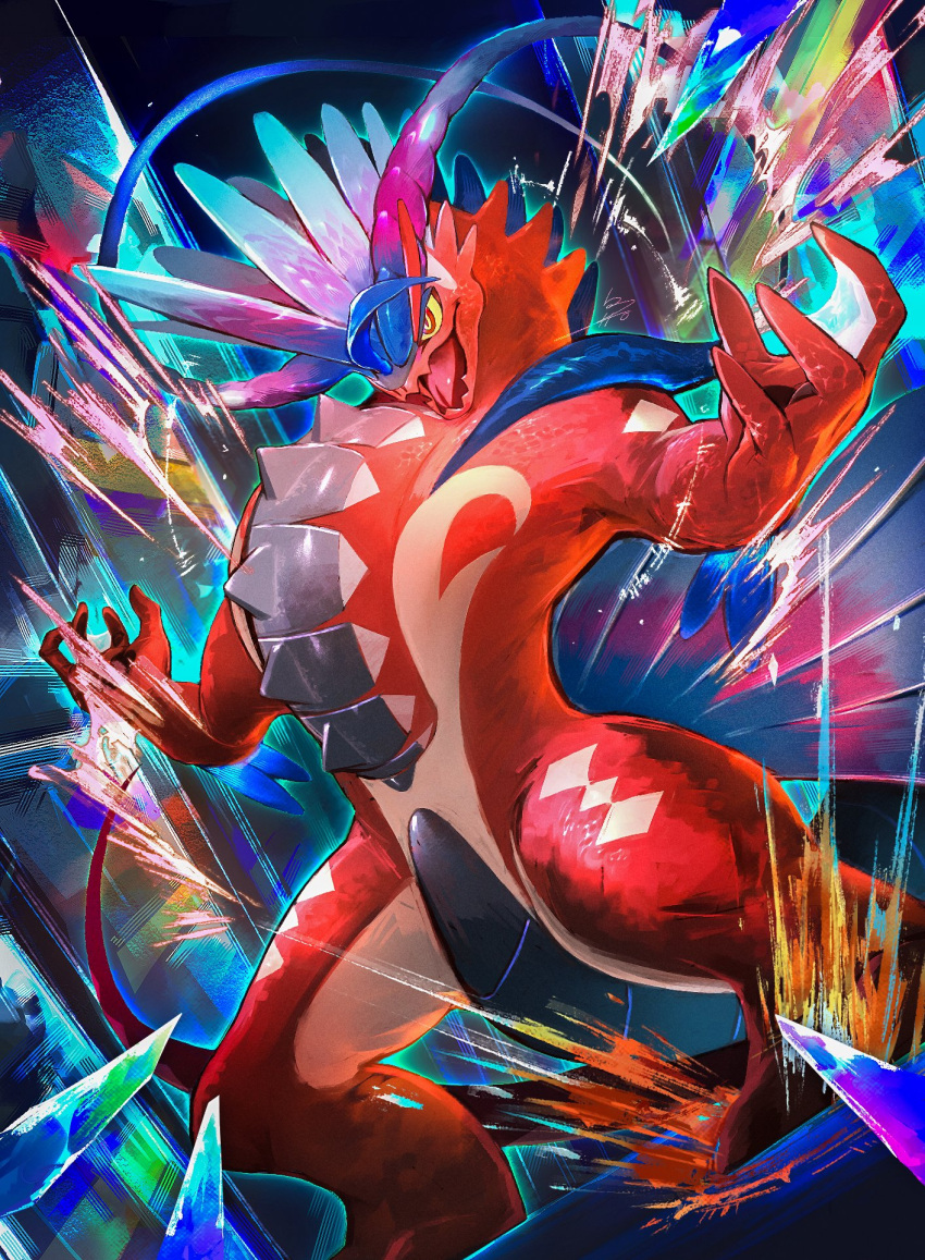 animal_focus aura blue_hair claws colored_sclera commentary_request fangs gradient_hair highres koraidon multicolored_hair no_humans open_mouth orange_eyes pink_hair pokemon pokemon_(creature) rit920glass skin_fangs spikes tongue webbed_feet white_hair yellow_sclera