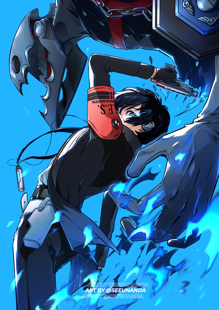 1boy absurdres arm_up artist_name black_gloves blue_background blue_eyes blue_fire blue_hair chain dark_blue_hair english_commentary english_text evoker fire from_side gekkoukan_high_school_uniform gloves glowing glowing_eyes gun headphones highres holding holding_gun holding_weapon looking_at_viewer male_focus monster persona persona_(summon) persona_3 persona_3_reload s.e.e.s school_uniform seeunanda short_hair solo thanatos_(persona) upper_body weapon yuuki_makoto