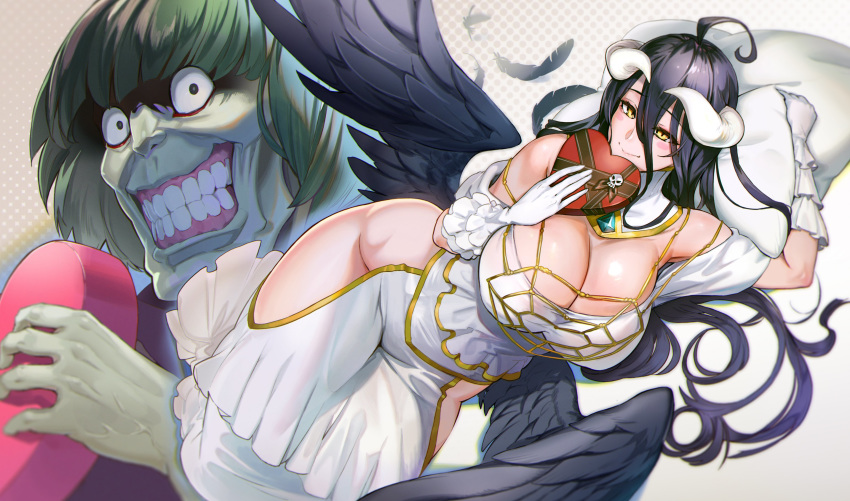 1boy 1girl :d absurdres albedo bangs bare_hips black_hair blush_stickers bob_cut box breasts cleavage closed_mouth crazy_eyes crazy_smile crossover dress elbow_gloves end_card feathered_wings feathers frilled_dress frilled_gloves frills gloves gradient gradient_background green_hair heart heart-shaped_box highres horns huge_breasts isekai_quartet long_hair ookuma_(nitroplus) open_mouth overlord_(maruyama) petelgeuse_romaneeconti pillow polka_dot polka_dot_background re:zero_kara_hajimeru_isekai_seikatsu short_hair skull slit_pupils smile valentine white_dress white_gloves wings yellow_eyes