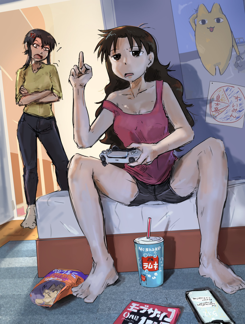 2girls absurdres azumanga_daioh cellphone controller grand_theft_auto grand_theft_auto_v highres kurosawa_minamo liamickpie magazine_(object) middle_finger mihama_chiyo's_father multiple_girls package phone pie_chart poster_(object) scene_reference shorts singlet smartphone tanizaki_yukari