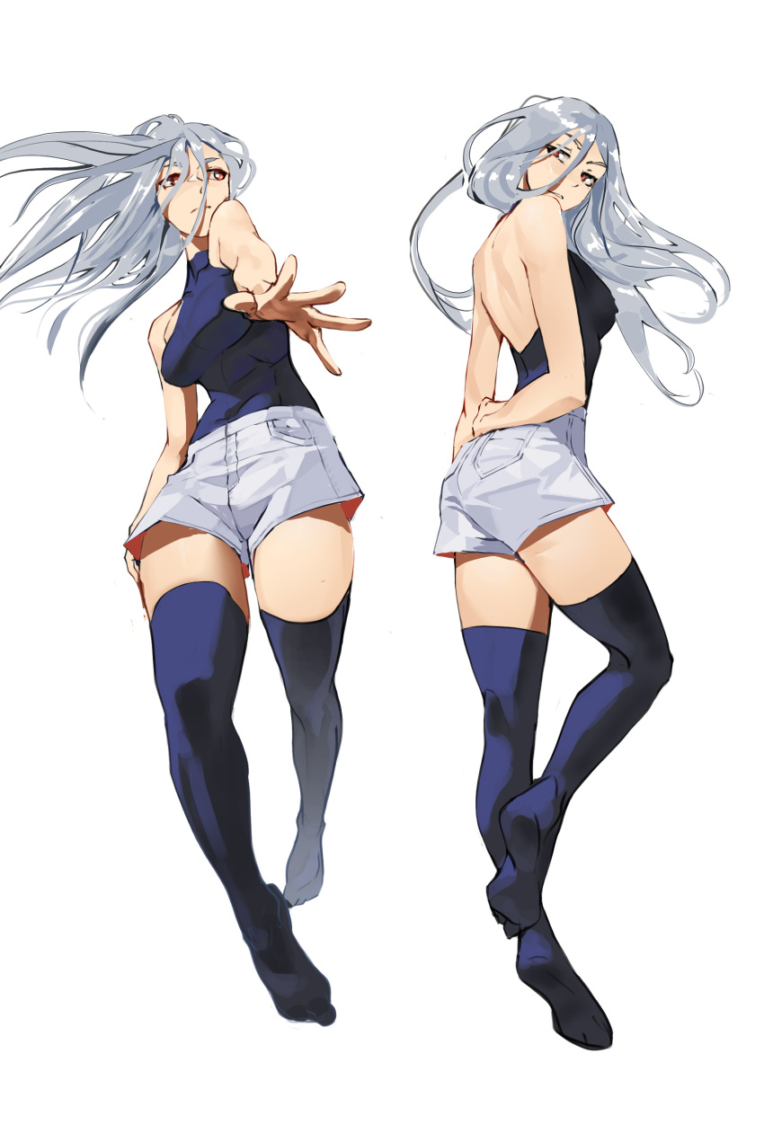 1girl absurdres arms_behind_back back bare_shoulders blue_leotard blue_thighhighs breasts commentary english_commentary floating_hair full_body grey_hair hair_between_eyes highres kneepits leotard leotard_under_clothes long_hair looking_at_viewer looking_back looking_to_the_side multiple_views original outstretched_arm parted_lips red_eyes shorts simple_background tbocart thighhighs upshorts white_background white_shorts zettai_ryouiki
