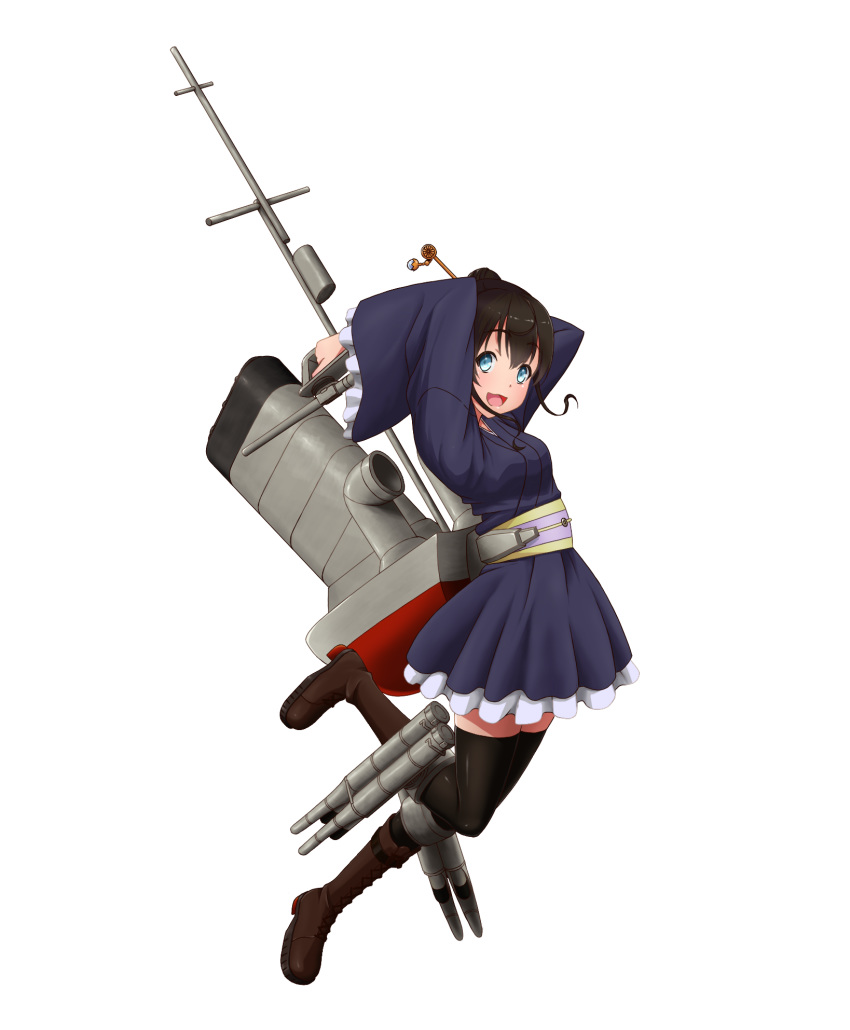 1girl adapted_turret black_legwear blue_kimono boots brown_footwear commentary_request destroyer full_body highres holding holding_weapon japanese_clothes juoto kimono machinery mecha_musume military military_vehicle obi original personification sash ship simple_background smokestack solo thigh_strap thighhighs torpedo torpedo_tubes umikaze_(destroyer)_(1910) warship watercraft weapon white_background world_of_warships