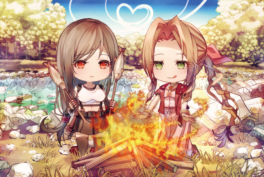 2girls aerith_gainsborough bangle black_bra black_gloves black_skirt black_thighhighs bra bracelet braid braided_ponytail breasts brown_hair campfire chibi choker closed_mouth crop_top dress final_fantasy final_fantasy_vii final_fantasy_vii_rebirth fingerless_gloves fire fish flower_choker food forest full_body gloves grass green_eyes hair_ribbon hair_tie highres holding holding_food jacket jewelry kneeling large_breasts long_dress long_hair low-tied_long_hair midriff miniskirt mirrorclew multiple_girls nature navel outdoors outstretched_arms parted_bangs pink_dress pink_ribbon red_eyes red_jacket ribbon shirt short_sleeves sidelocks skirt smile sports_bra thighhighs tifa_lockhart tongue tongue_out underwear wavy_hair white_shirt