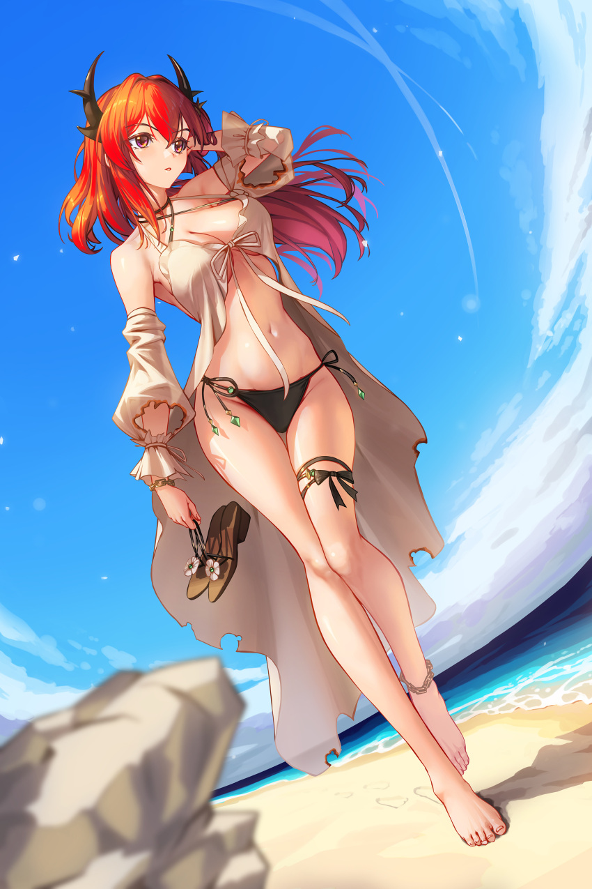 1girl absurdres arknights beach bikini black_bikini blue_sky bowlp breasts burnt_clothes cloud day detached_sleeves full_body hand_in_own_hair highres holding holding_shoes horns large_breasts long_hair navel ocean official_alternate_costume outdoors purple_eyes red_hair sand shoes side-tie_bikini_bottom sky solo stomach surtr_(arknights) surtr_(colorful_wonderland)_(arknights) swimsuit swimsuit_cover-up thigh_strap walking