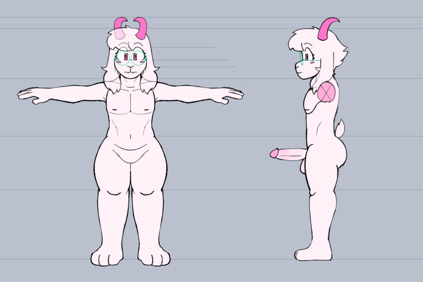 2024 anthro balls big_butt blush bovid butt caprine deltarune erection eyewear fembunns fluffy_ears genitals glasses goat hi_res horn humanoid_genitalia humanoid_penis male mammal model_sheet neutral_expression nude penis pink_eyes ralsei simple_background solo standing t-pose tail thick_thighs undertale_(series)
