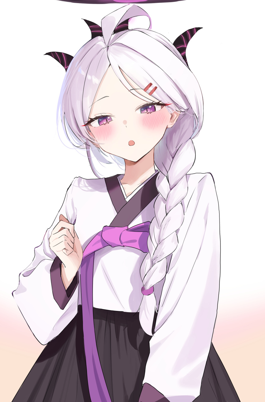 1girl absurdres black_horns blue_archive blush braid chima_(clothes) demon_horns gradient_background grey_hair halo hanbok highres hina_(blue_archive) horns jeogori_(clothes) korean_clothes long_hair long_sleeves multiple_horns nonoa open_mouth parted_lips purple_eyes single_braid solo