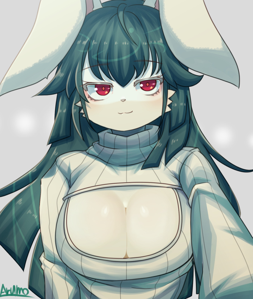 anthro arumo big_breasts black_hair blush breasts cleavage clothed clothing female hair hi_res huge_breasts kemono lagomorph leporid long_hair looking_at_viewer mammal rabbit red_eyes simple_background smile solo turtle_neck