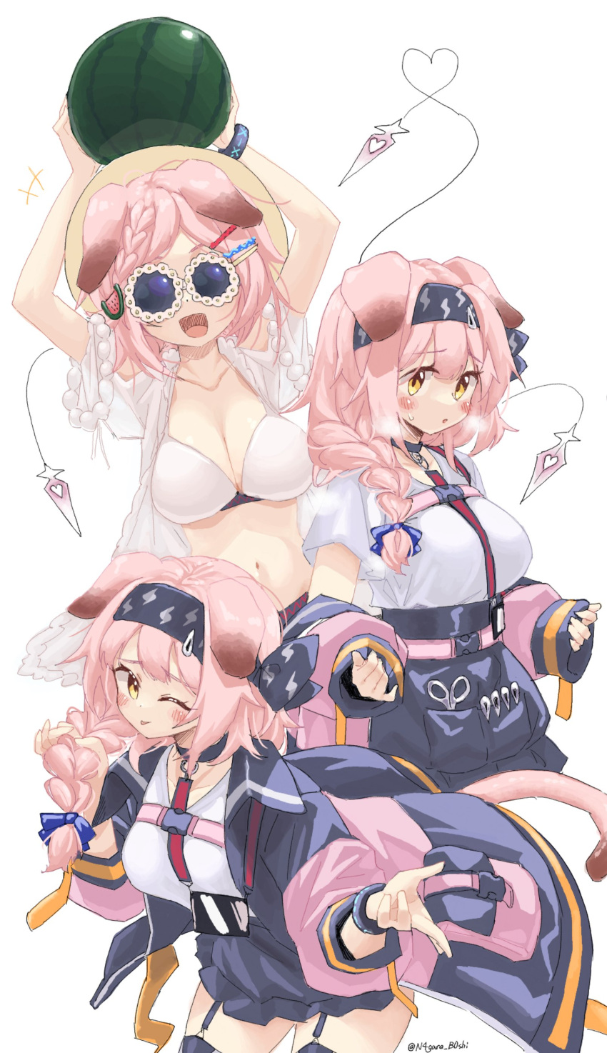+++ 1girl absurdres animal_ears arknights belt bikini black_skirt blush bow braid braided_ponytail breasts breath cleavage food fruit garter_straps glasses goldenglow_(arknights) hair_bow hair_ornament hairband hairclip hat highres holding holding_food holding_hair infection_monitor_(arknights) jacket large_breasts long_hair looking_at_viewer multiple_views n4gare_b0shi navel one_eye_closed opaque_glasses pink_hair pink_jacket shirt shirt_tucked_in simple_background skirt snap-fit_buckle solo sun_hat sweat swimsuit swimsuit_cover-up tongue tongue_out twitter_username watermelon white_background white_bikini white_shirt yellow_eyes