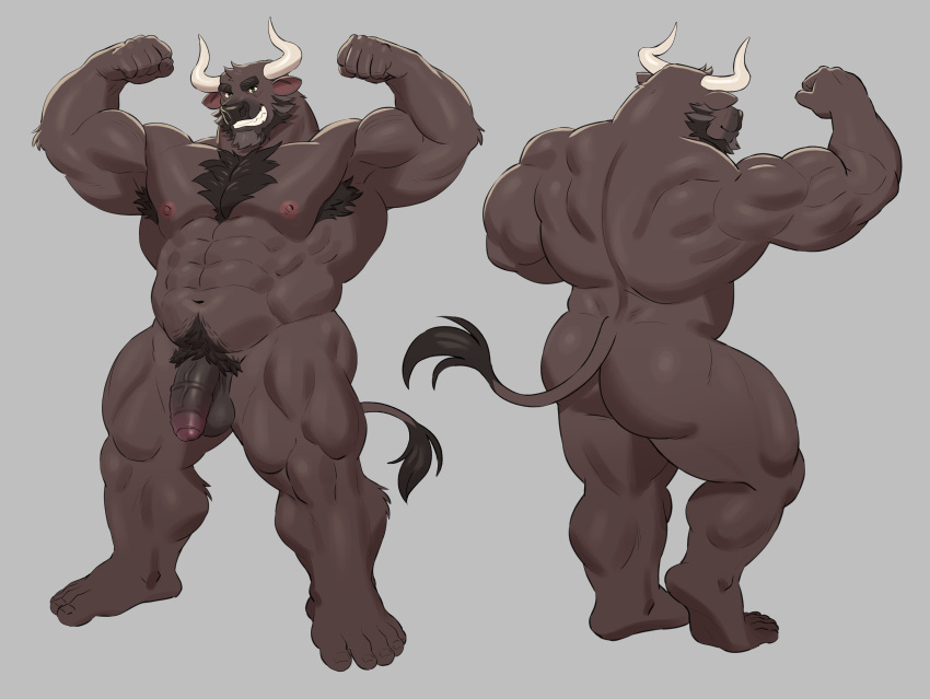 2_horns abs absurd_res adios angus_(adios) anthro armpit_hair balls biceps body_hair bovid bovine butt cattle chest_hair flexing fur genitals hi_res horn hybrid_genitalia hybrid_penis male mammal muscular muscular_anthro muscular_male nipples pecs penis rear_view tail vein veiny_penis