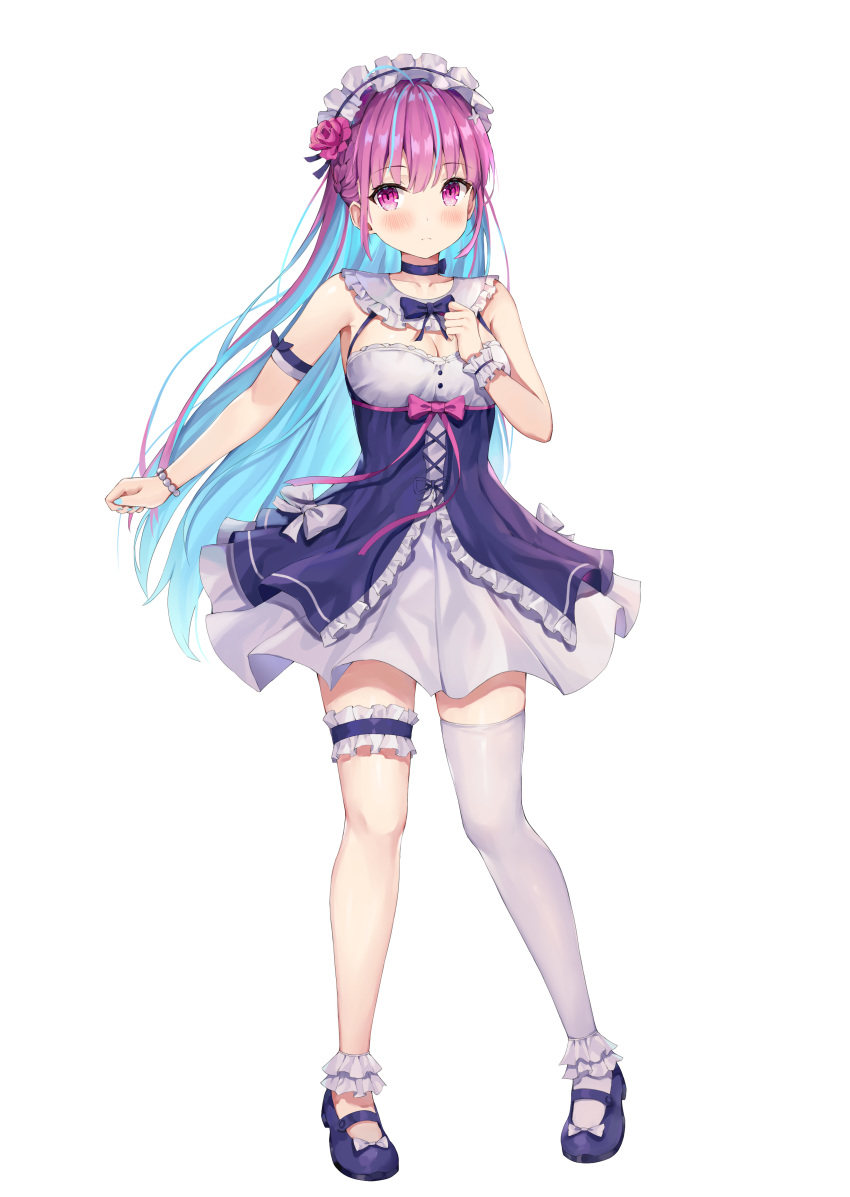 1girl absurdres blue_footwear blue_hair blush breasts cleavage closed_mouth collarbone expressionless full_body high_heels highlights highres hokori_sakuni hololive large_breasts long_hair looking_at_viewer minato_aqua multicolored_hair purple_eyes purple_hair simple_background single_thighhigh solo thighhighs twintails virtual_youtuber white_background white_legwear