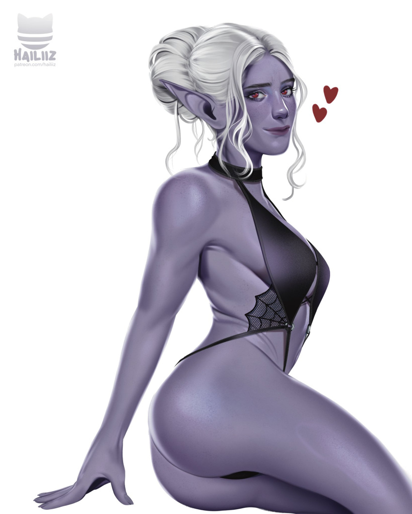 1girl artist_name ass baldur's_gate baldur's_gate_3 bare_arms bare_shoulders closed_mouth colored_skin dark_elf dungeons_and_dragons elf from_side hailiiz hair_bun heart highres lingerie looking_at_viewer looking_to_the_side minthara pointy_ears red_eyes shiny_skin short_hair simple_background single_hair_bun sitting underwear white_background