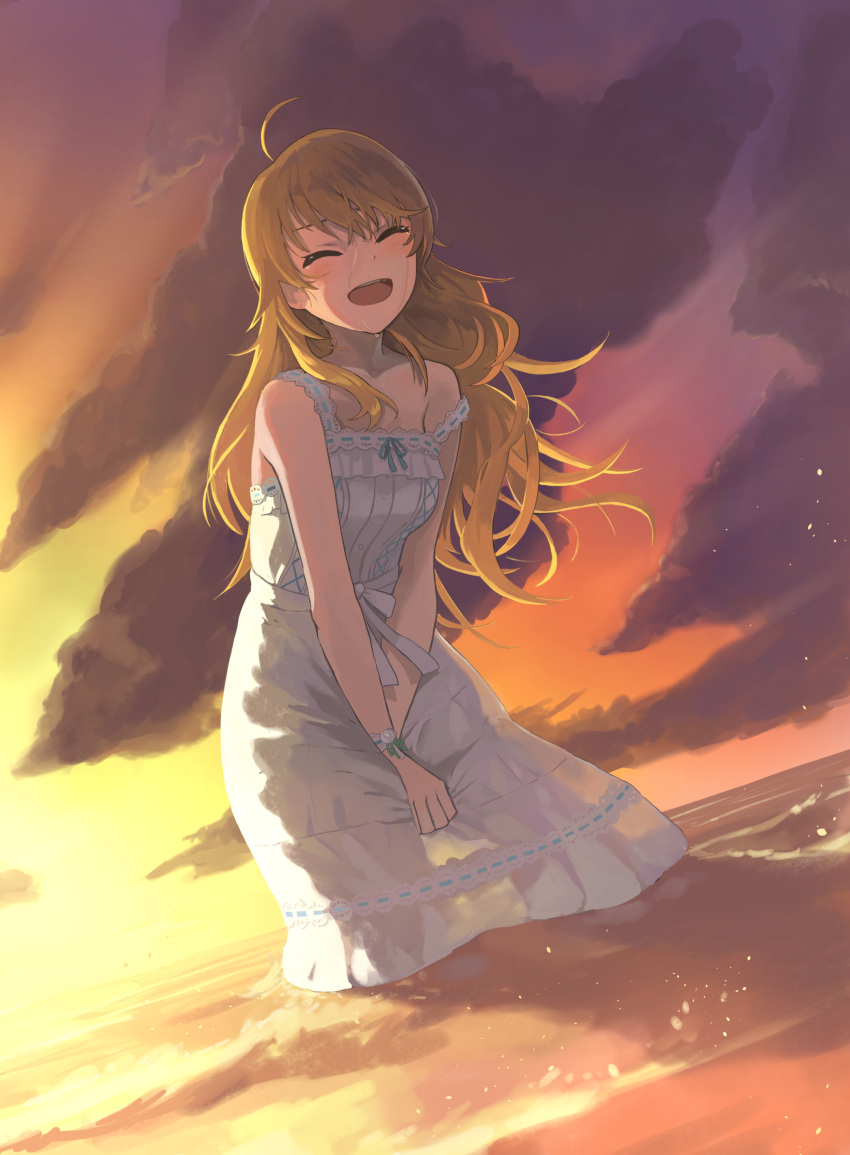 1girl absurdres ahoge bare_shoulders blonde_hair blush bow breasts closed_eyes cloud collarbone dress epitaph_(1122) gradient_sky highres horizon hoshii_miki idolmaster idolmaster_(classic) idolmaster_million_live! idolmaster_million_live!_theater_days large_breasts long_hair ocean open_mouth outdoors ribbon-trimmed_dress sky sleeveless sleeveless_dress smile solo strap_slip teeth upper_teeth_only v_arms wading waist_bow wet white_bow white_dress white_wristband