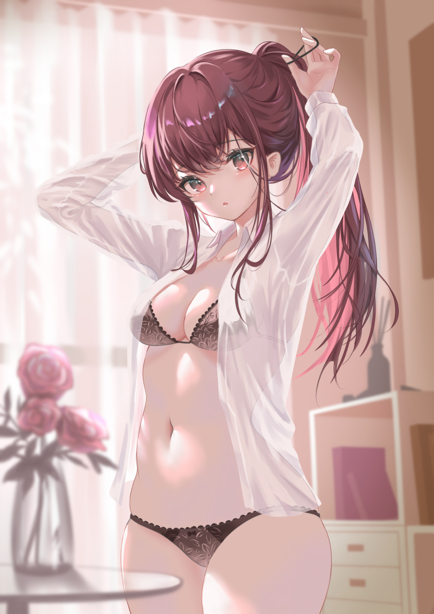 1girl absurdres arms_up black_bra black_panties blurry blurry_background bra breasts brown_eyes brown_hair curtains dressing flower genjitsu_pirika hair_tie highres indoors long_hair long_sleeves looking_at_viewer medium_breasts navel open_clothes open_mouth open_shirt original panties pink_flower pink_rose ponytail rose see-through see-through_shirt sidelighting stomach thighs tying_hair underwear vase window