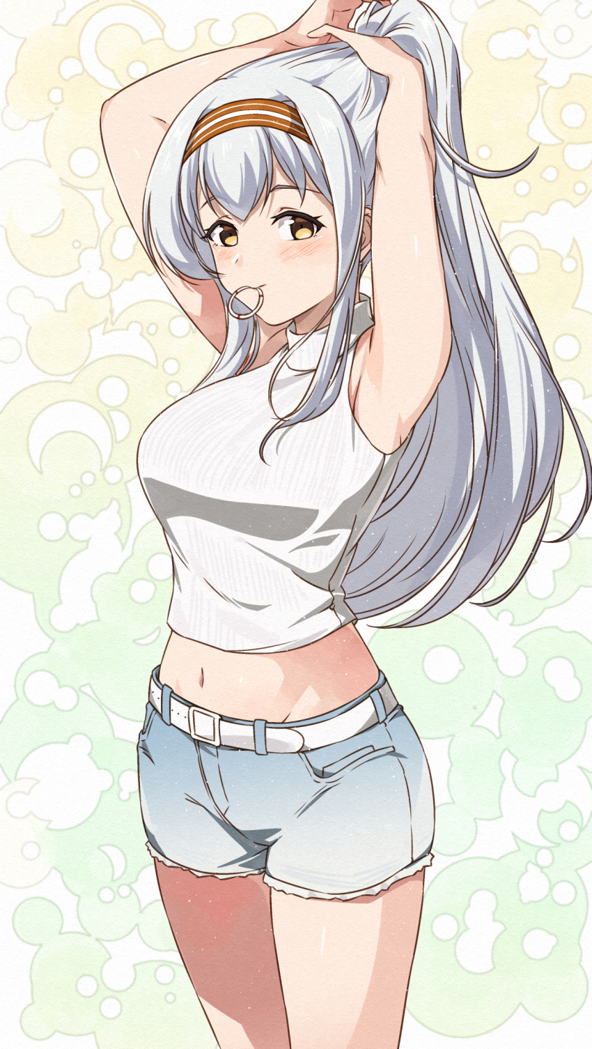 1girl adjusting_hair armpits blue_shorts blush breasts closed_mouth cowboy_shot headband highres kanmiya_shinobu kantai_collection large_breasts long_hair looking_at_viewer mouth_hold shorts shoukaku_(kancolle) sleeveless sleeveless_sweater solo sweater white_hair white_sweater yellow_eyes