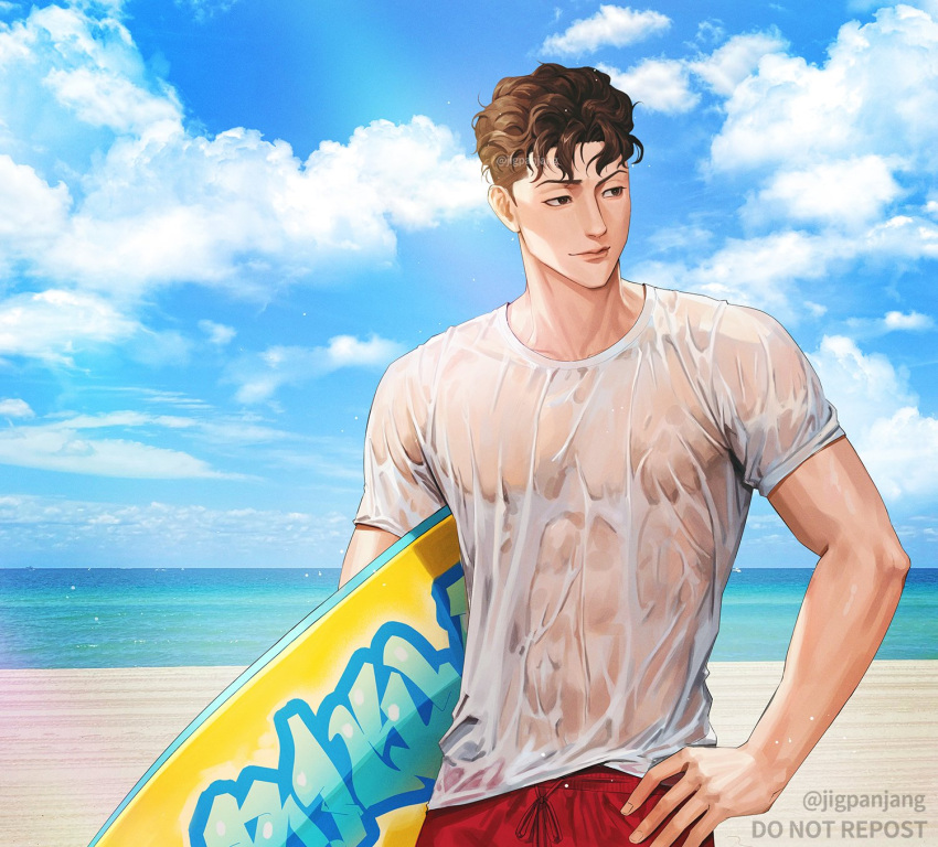 1boy beach brown_eyes brown_hair cloud hand_on_own_hip highres jigpanjang looking_to_the_side male_focus miyagi_ryouta ocean pompadour see-through see-through_shirt shirt shorts sky slam_dunk_(series) smile solo surfboard twitter_username wet wet_clothes wet_shirt