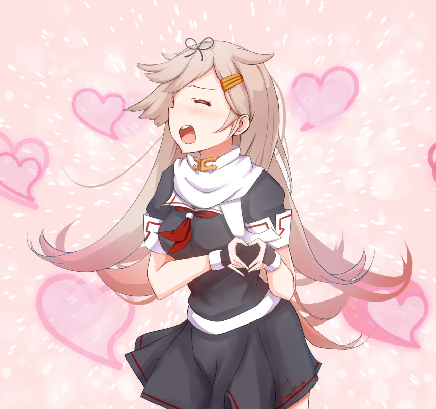 1girl artist_name baileys_(tranquillity650) black_gloves black_ribbon black_serafuku black_skirt blonde_hair blush closed_eyes commentary_request fingerless_gloves gloves hair_flaps hair_ornament hair_ribbon hairclip heart heart_hands highres k-on! kantai_collection long_hair moe_moe_kyun! neckerchief open_mouth parody pleated_skirt red_neckwear remodel_(kantai_collection) ribbon scarf school_uniform serafuku short_sleeves signature skirt solo twitter_username white_scarf yuudachi_(kantai_collection)