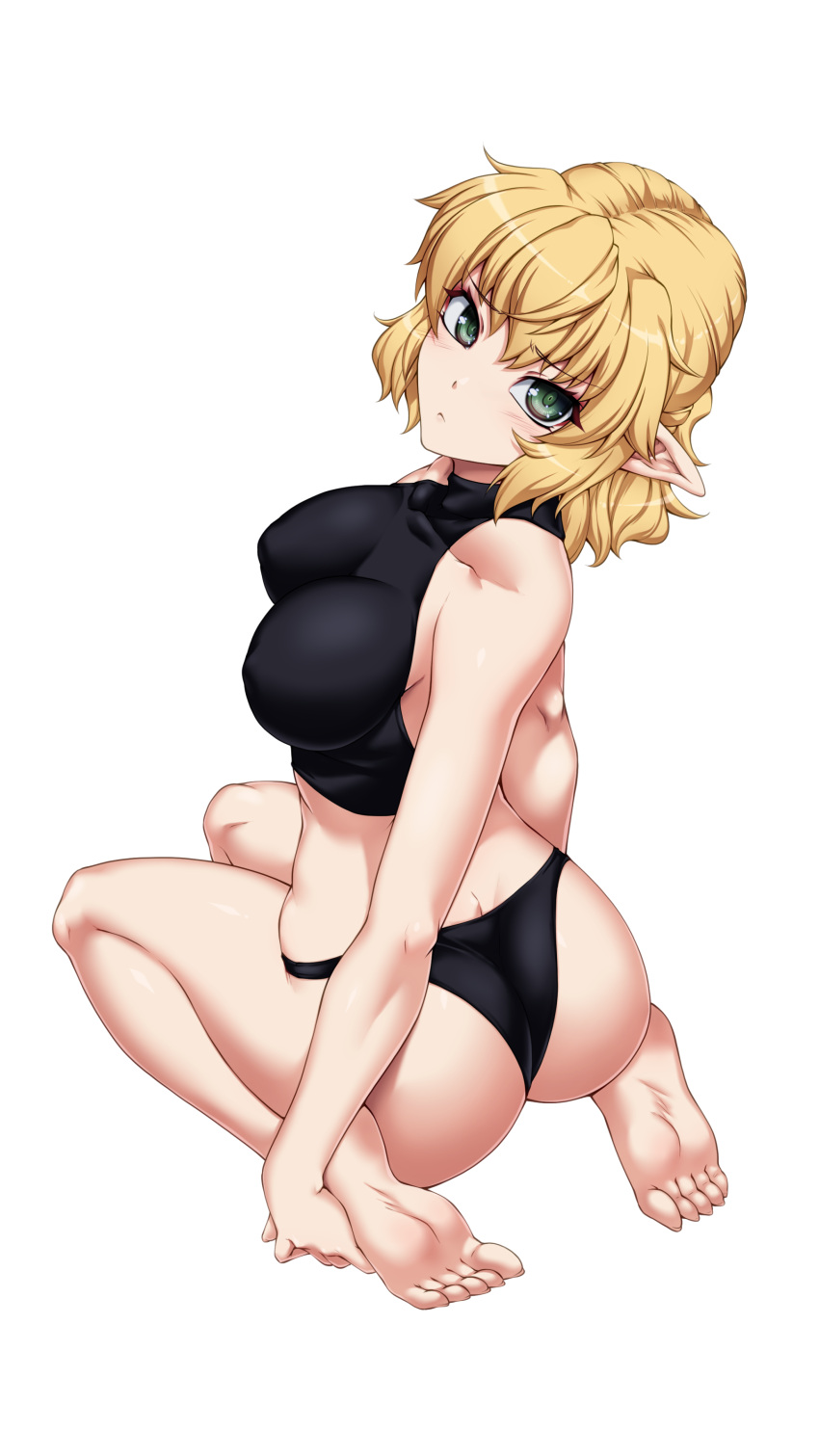 1girl absurdres ass back barefoot black_bra black_panties blonde_hair blush bra breasts closed_mouth commentary_request feet full_body green_eyes highres large_breasts looking_at_viewer looking_back medium_bangs mizuhashi_parsee ootsuki_wataru panties pointy_ears seiza short_hair simple_background sitting soles solo toes touhou underwear underwear_only white_background