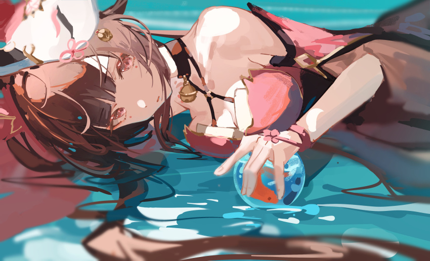 1girl absurdres bare_shoulders breasts brown_hair fox_mask highres honkai:_star_rail honkai_(series) in_water long_hair looking_at_viewer lying mask mask_on_head mole mole_under_each_eye mole_under_eye multiple_moles on_side orb parted_lips small_breasts solo sparkle_(honkai:_star_rail) twintails xianluojimaomao2333