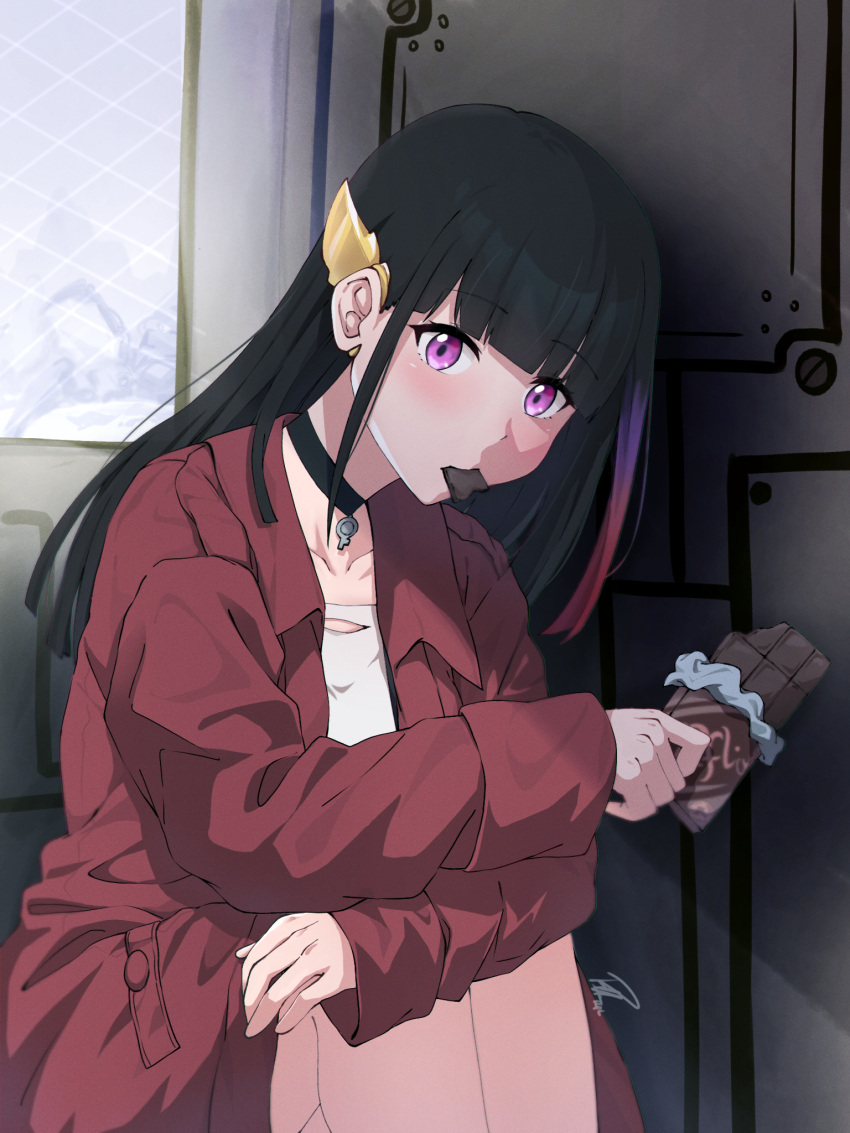 1girl black_choker black_hair blunt_bangs candy chocolate chocolate_bar choker coat ear_ornament eating food highres long_hair long_sleeves looking_at_viewer metallic_rouge multicolored_hair neko_reina off-shoulder_shirt off_shoulder pendant_choker pink_eyes red_coat rouge_redstar shirt signature solo streaked_hair trench_coat white_shirt