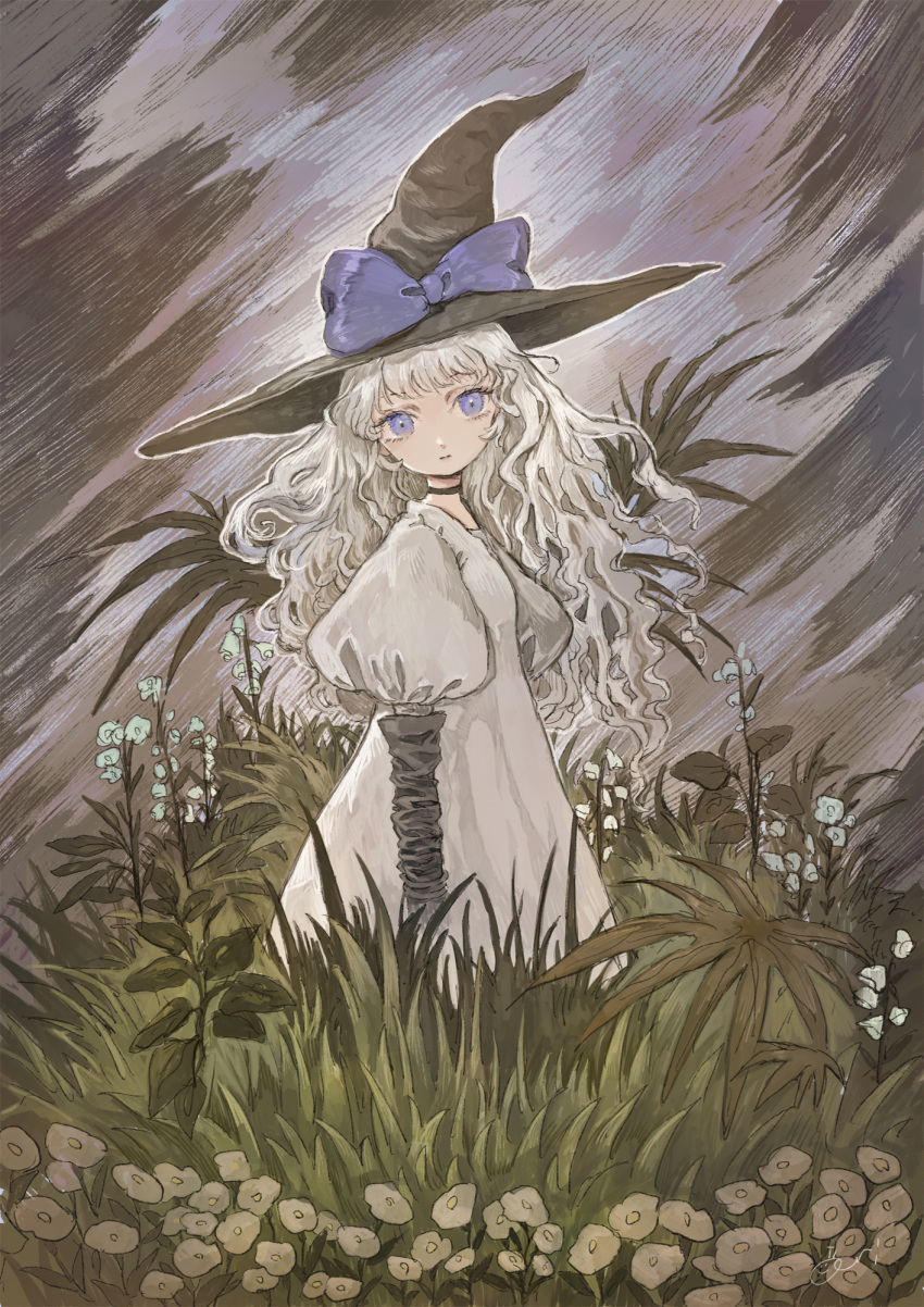 1girl ari_awayuki bow choker dress elbow_gloves expressionless from_side gloves hat hat_bow highres long_hair looking_at_viewer original plant puffy_short_sleeves puffy_sleeves purple_eyes short_sleeves solo very_long_hair wavy_hair white_hair witch witch_hat